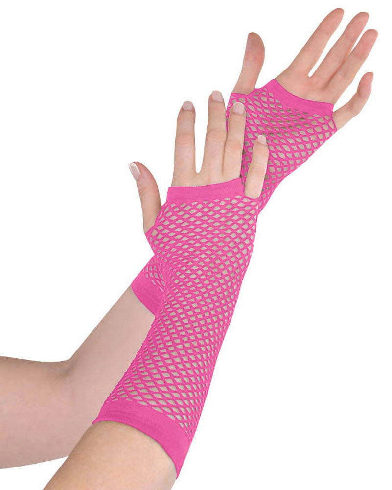 Image of woman wearing bright pink fingerless fishnet gloves.