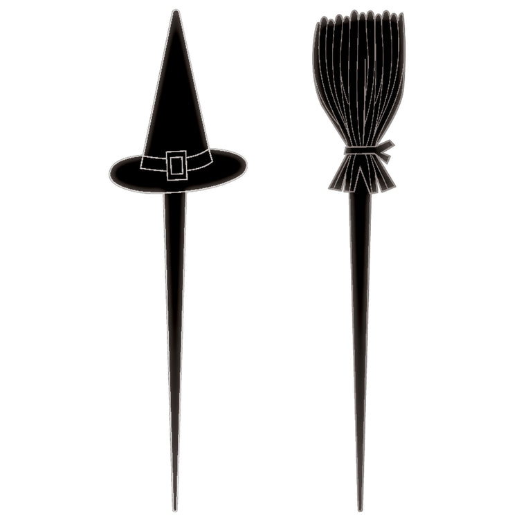 Halloween Classic Black and White Witch Hats and Broom Picks Pack of 10