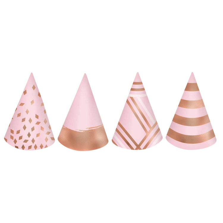 Blush Birthday Mini Cone Hats Cardboard & Foil Pack of 12