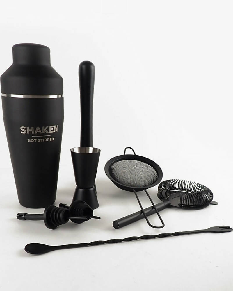 Shaken Not Stirred Engraved Black 8 Piece Cocktail Set in Gift Box