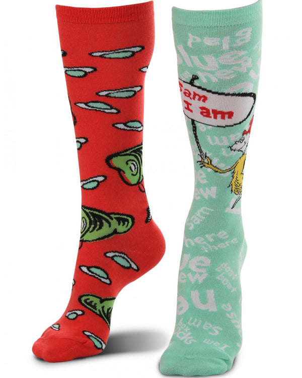 Image of red and green Green Eggs & Ham Mismatched socks.