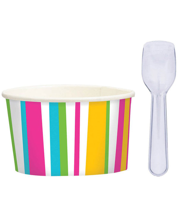 Coloured Stripe Cups with Plastic Spoons Pack of 8