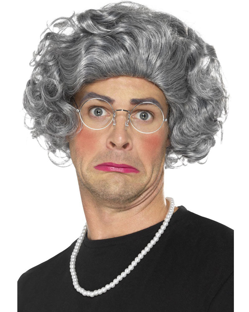 Granny Short Curly Grey Wig Necklace and Glasses Kit