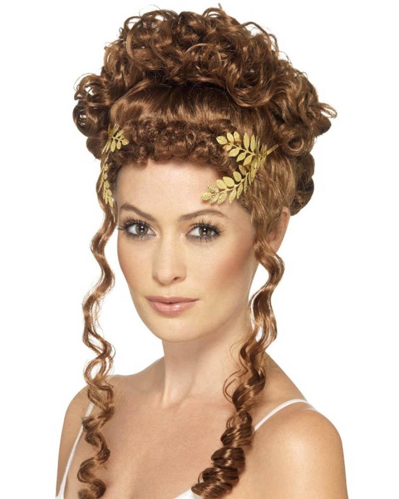 Image of woman wearing gold laurel leaf headpiece.