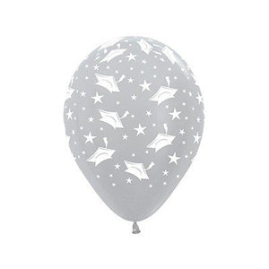 Sempertex 30cm Graduation Hats & Stars Satin Pearl Silver Latex Balloons - 25PK