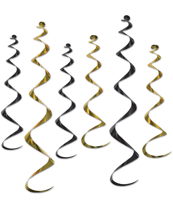 Black and Gold Twirly Whirly Hanging Decorations Pack of 6