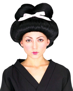 Geisha Girl Black Wig with Pale Pink Bow