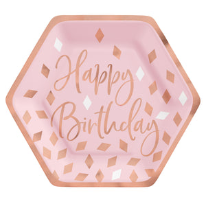 Blush Birthday 7in / 17cm Hexagonal Metallic Paper Plates Pack of 8