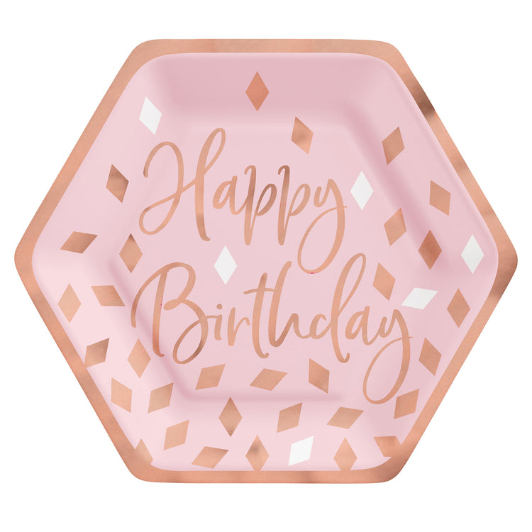 Blush Birthday 7in / 17cm Hexagonal Metallic Paper Plates Pack of 8