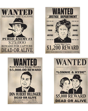 Great 20s Gangster Wanted Signs Cutouts Pack of 4