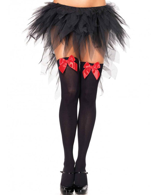 Black Opaque Thigh High Stockings with Red Satin Bow