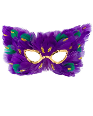 Purple Feather Masquerade Mask with Gold Glitter