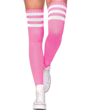 Athletic Pink with White Stripes Thigh High Socks