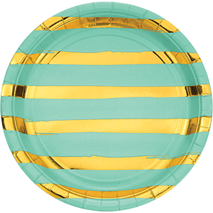 Touch of Colour Fresh Mint & Gold Foil Striped Dinner Plates Paper 22cm Pack of 8