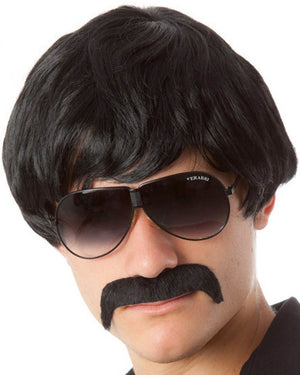 Image of man wearing black 70s style wig and moustache with sunglasses.