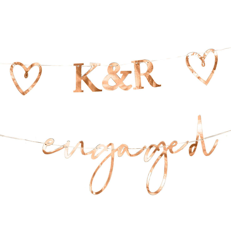 Engaged Bunting  with Customisable Initials & Hearts Rose  Gold Pack of 27