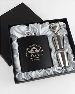 Pirate Personalised Engraved 175ml Black Hip Flask Set in Gift Box