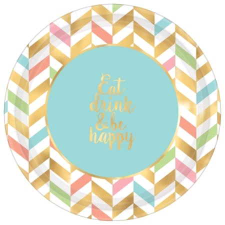 Eat Drink and Be Happy 26cm Round Metallic Plate Pack of 8