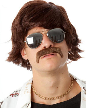 Image of man wearing black aviators and brown 70s style wig and moustache.