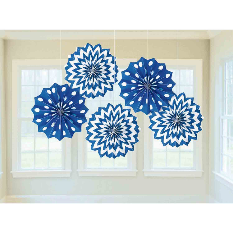 Bright Royal Blue Hanging Printed Fan Decorations Pack of 5