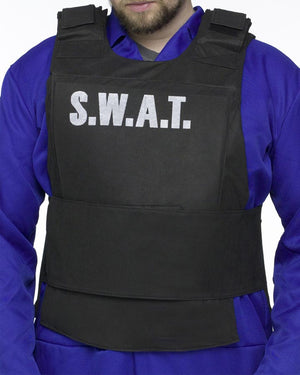 Image of man wearing blue shirt and black SWAT police vest.