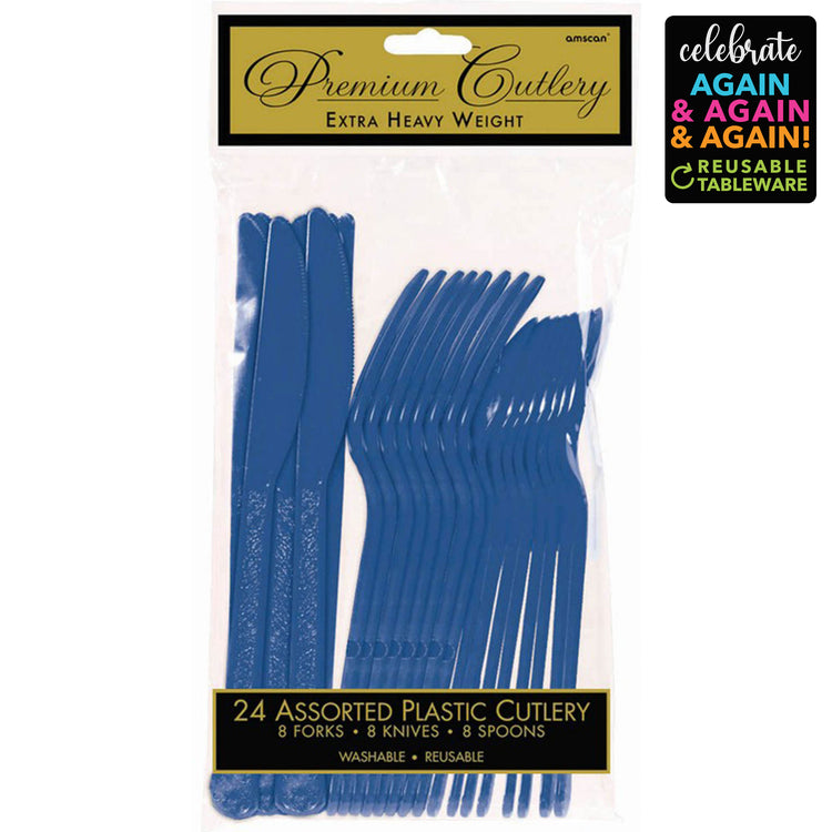 Premium Cutlery Set 24 Pack Bright Royal Blue - Extra Heavy Weight Pack of 24