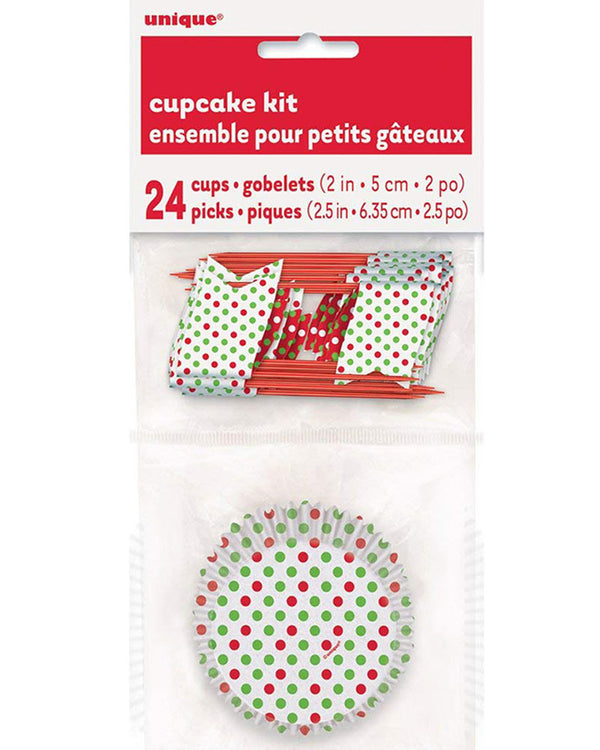 Image of white, red and green spotted cupcake wrappers and picks.