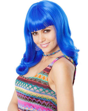 Image of woman wearing colourful top and blue Katy Perry style wig.
