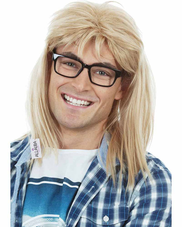 Image of man wearing long blonde wig with black glasses and checkered shirt.