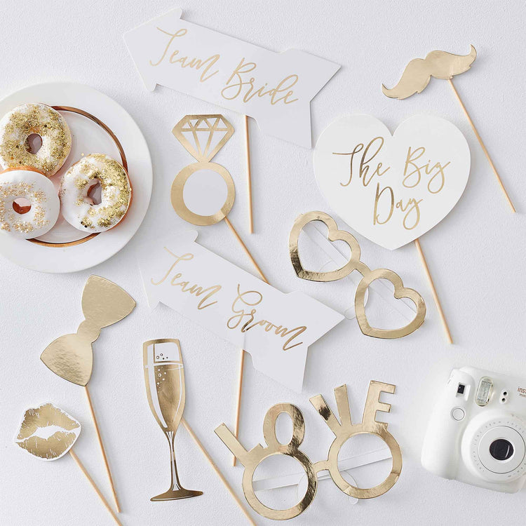 Gold Wedding Photo Booth Props Pack of 10