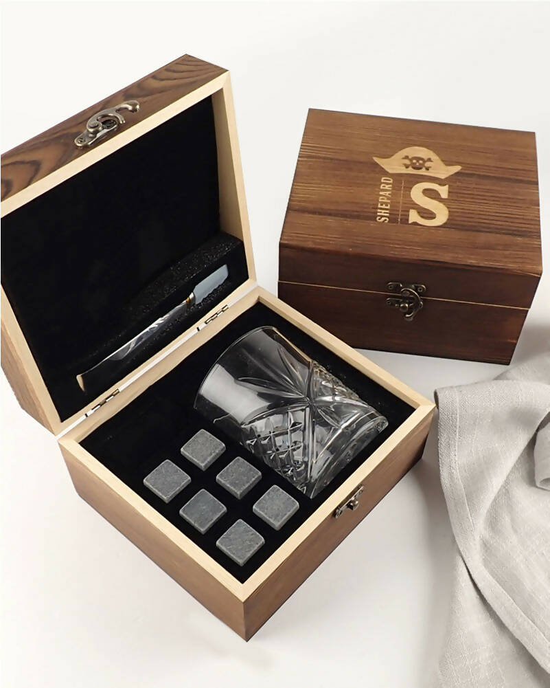 Pirate Personalised Engraved Rustic Wooden Box Scotch Glass and Stone Set