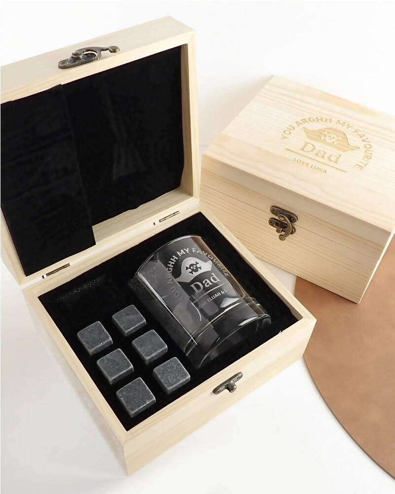 Pirate Dad Personalised Engraved Light Wooden Box Scotch Glass and Stone Set