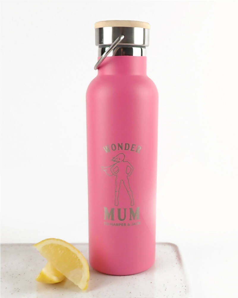 Wonder Mum Pink Personalised Engraved 650ml Wooden Lid Water Bottle