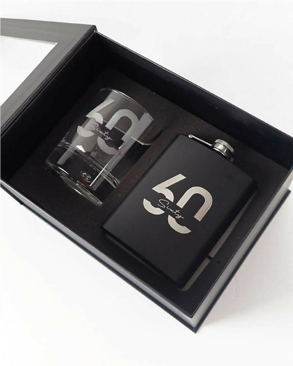 60th Birthday Engraved Black Hip Flask and Round Scotch Glass Set