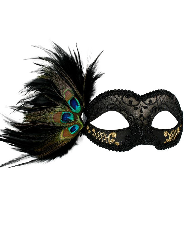 Black and Gold Masquerade Mask with Peacock Feathers