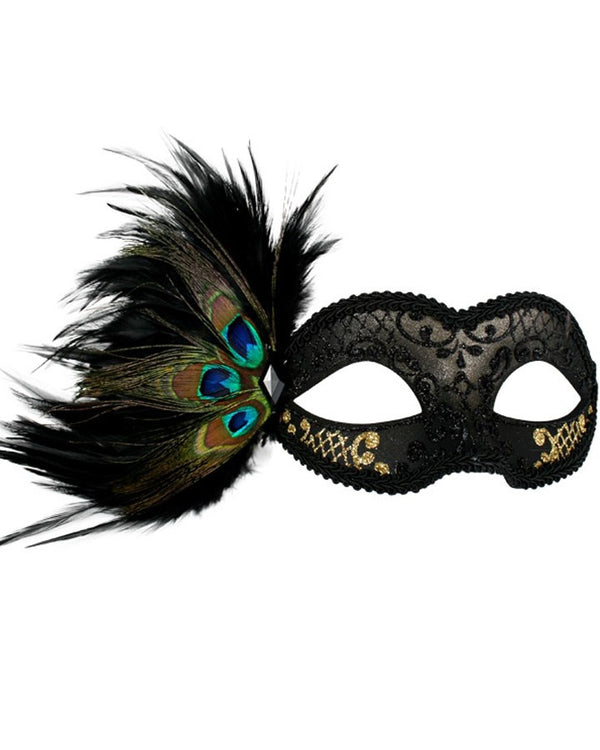 Black and Gold Masquerade Mask with Peacock Feathers