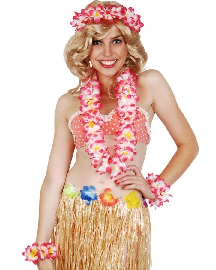 Pink and White Hawaiian Flower Headpiece Necklace and Bracelets Kit