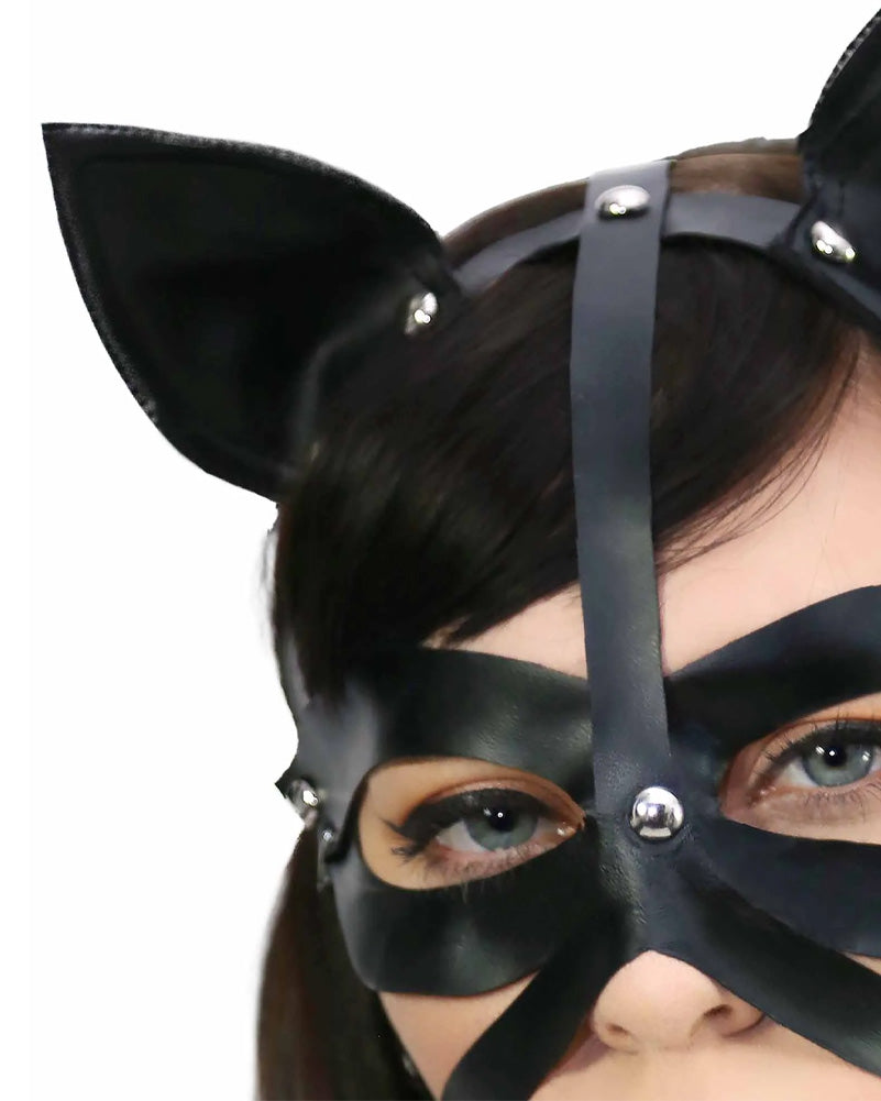 Wet Look Harness Cat Mask