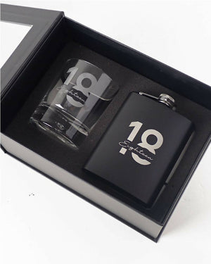 18th Birthday Engraved Black Hip Flask and Round Scotch Glass Set
