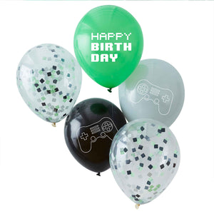 Game Controller Balloon Bundle & Confetti Grey, Green & Black Pack of 5