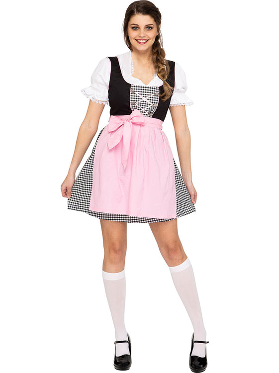 Image of woman wearing black, white and pink Oktoberfest Dirndl dress. 