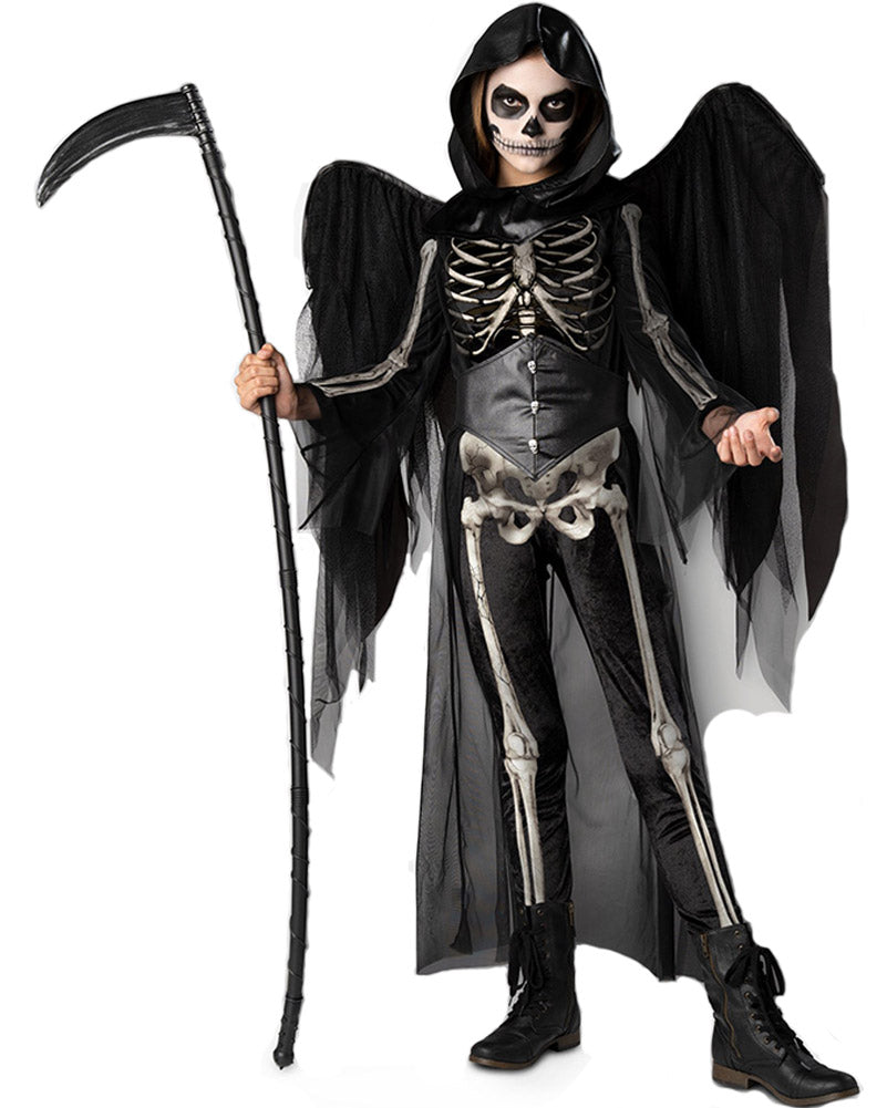 Image of boy wearing black skeleton grim reaper costume with wings and scythe.