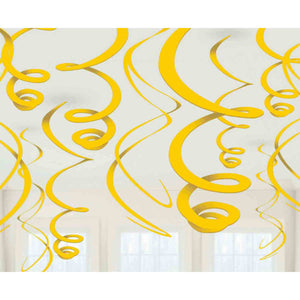 Sunshine Yellow Plastic Hanging Swirl Decorations Pack of 12