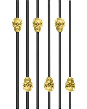 Black and Metallic Gold Skull Straws Pack of 6