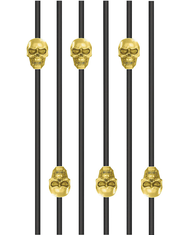 Black and Metallic Gold Skull Straws Pack of 6