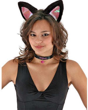 Black and Pink Cat Ears Collar and Tail Set