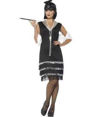 20s Black Flapper with Fur Stole Womens Costume