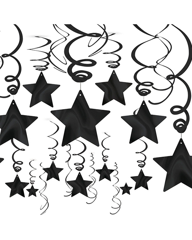 Black Foil Star Hanging Swirl Decorations Pack of 30