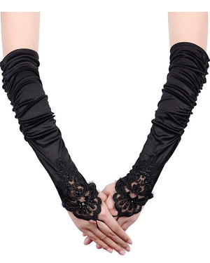 20s Black Long Satin Fingerless Gloves with Lace