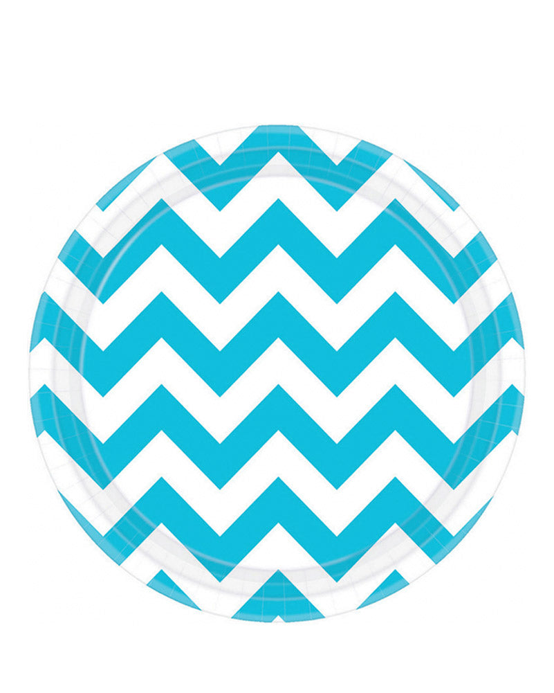 Caribbean Blue Chevron 23cm Round Paper Plates Pack of 8